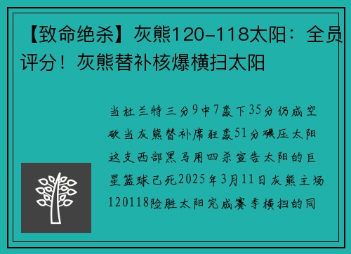 【致命绝杀】灰熊120-118太阳：全员评分！灰熊替补核爆横扫太阳